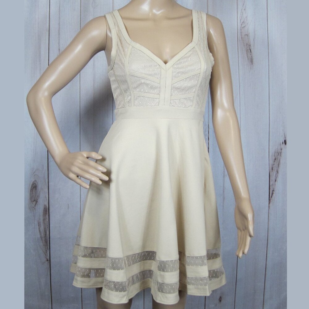 NWT Maniju Fit & Flare Mini Dress Large Beige Sweetheart Dot Mesh Sleeveless